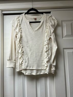 Anthropologie Cream Ruffle-Trim V-Neck Long Sleeve Top